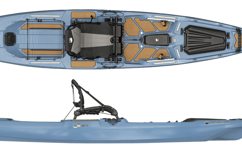 Kajak wędkarski Bonafide SS127 to przełomowa jednostka, która zdefiniowała standardy dla nowoczesnych kajaków sit-on-top, zoptymalizowanych do wędkowania w pozycji stojącej. Symbol "SS" oznacza "Sit or Stand", podkreślając kluczową cechę tego modelu: niezrównaną stabilność i komfort zarówno w pozycji siedzącej, jak i stojącej.
