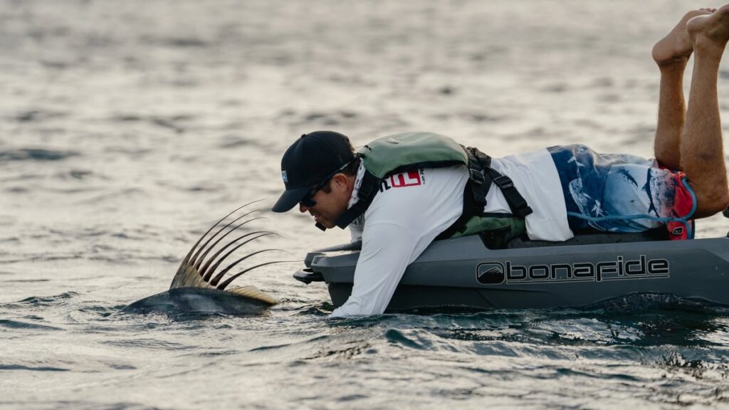 Kluczowy moment: lądowanie ryby. Na zdjęciu widać, jak szeroki i stabilny kadłub Bonafide PWR 129 zapewnia wędkarzowi pewność i bezpieczeństwo, pozwalając skupić się wyłącznie na zdobyczy, bez obawy o wywrotkę. Tego komfortu często brakuje w tanich zamiennikach