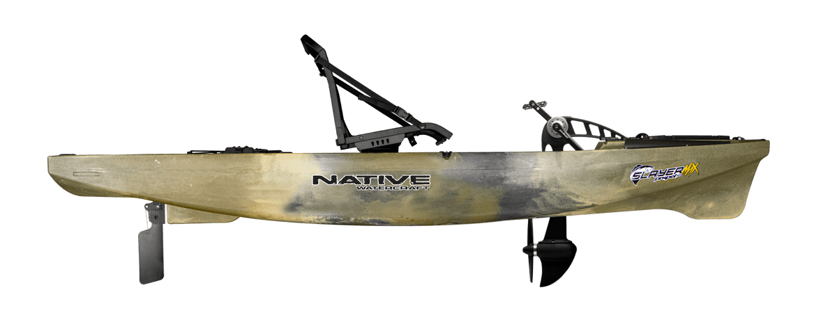 Kajak Native Watercraft Slayer Propel 10 MAX z fotelem 360 stopni, wyposażony w uchwyt na wędkę YakAttack Omega Pro i uchwyt echosondy Scotty na szynie