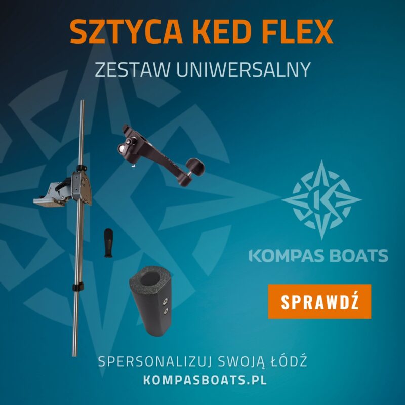 Kompletny zestaw montażowy: sztyca obrotowa KED Flex z uchwytem do przetworników Garmin LVS, ActiveTarget, MEGA Live oraz strzałką kierunku.