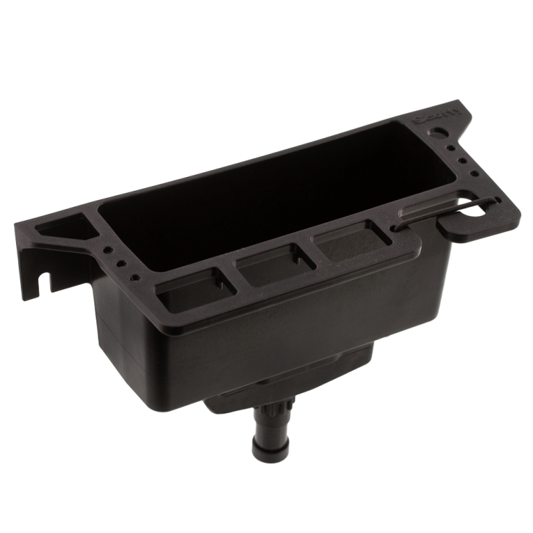 Kompaktowy, czarny organizer sprzętu wędkarskiego Scotty 451 Mini Gear Caddy, wyposażony w przegrody na szczypce, szpule i telefon oraz zintegrowaną podpórkę na wędkę, przygotowany do montażu w gniazdach Scotty i na szynach.