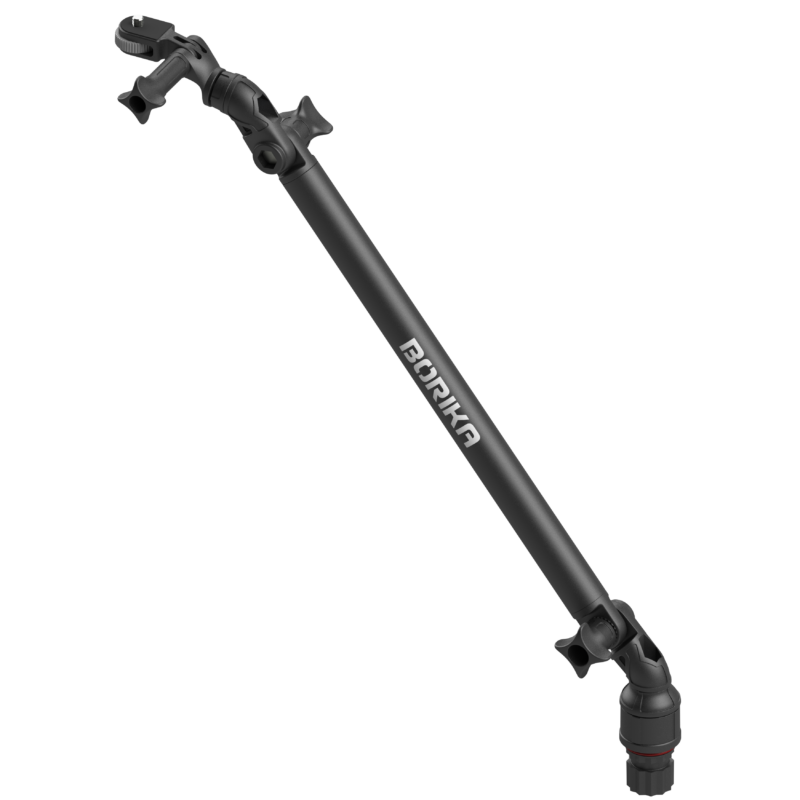Czarny uchwyt do kamer sportowych GoPro na aluminiowej przedłużce 400 mm Borika FASTen z przegubem obrotowym i adapterem gwiaździstym do łodzi.