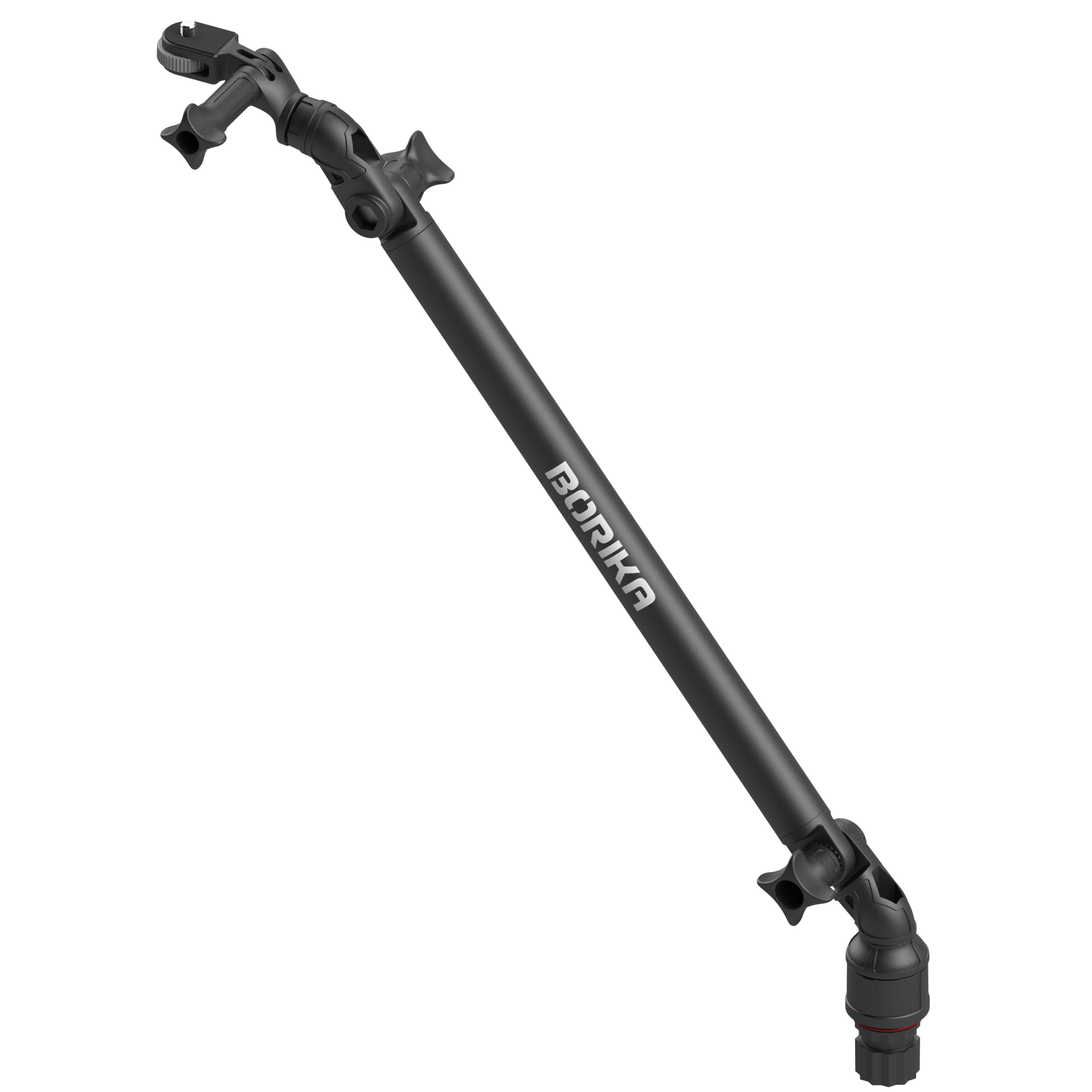 Czarny uchwyt do kamer sportowych GoPro na aluminiowej przedłużce 400 mm Borika FASTen z przegubem obrotowym i adapterem gwiaździstym do łodzi.