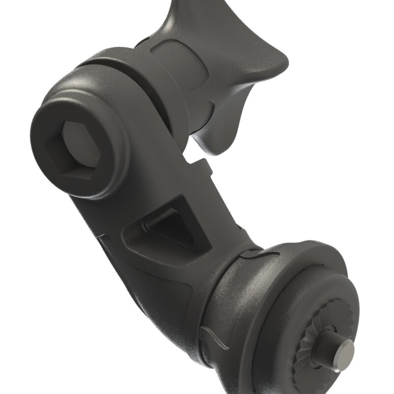 Zestaw czarnych części montażowych Borika FASTen 99.011 do instalacji i stabilizacji zaawansowanego przetwornika Garmin LiveScope na sztycy wędkarskiej.