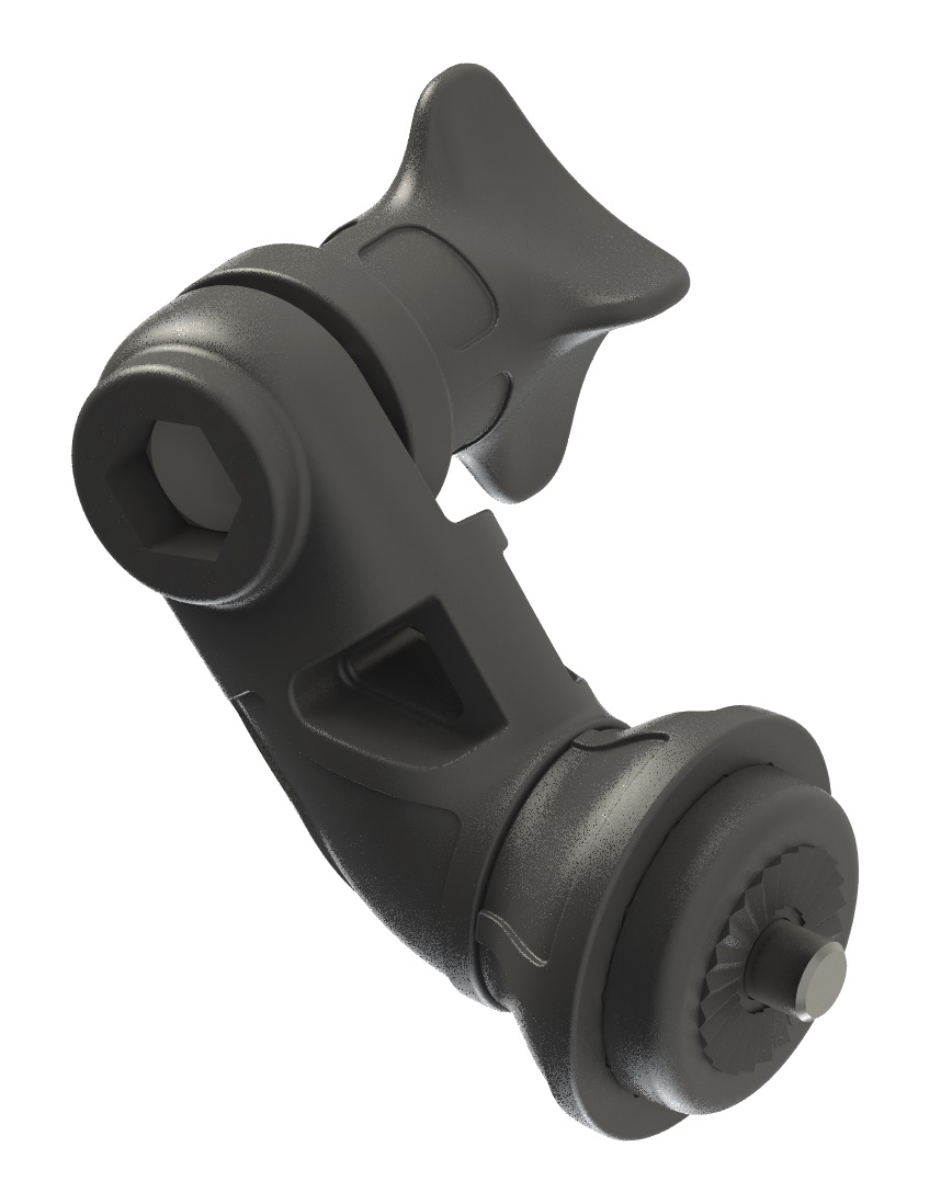 Zestaw czarnych części montażowych Borika FASTen 99.011 do instalacji i stabilizacji zaawansowanego przetwornika Garmin LiveScope na sztycy wędkarskiej.