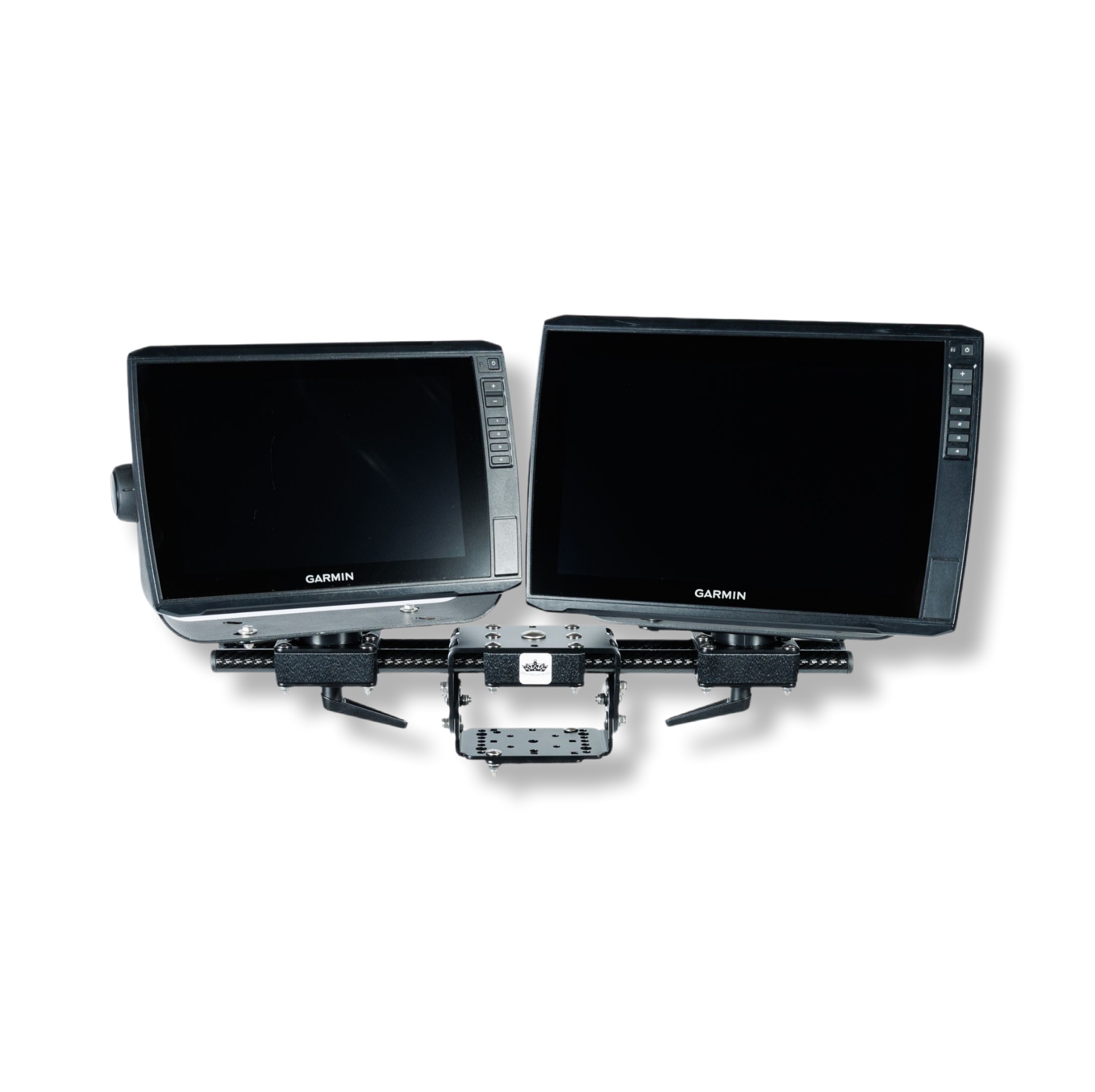 Podwójny uchwyt KED Dual Screen Mount ze stali nierdzewnej do montażu dwóch ekranów echosondy na łodzi.