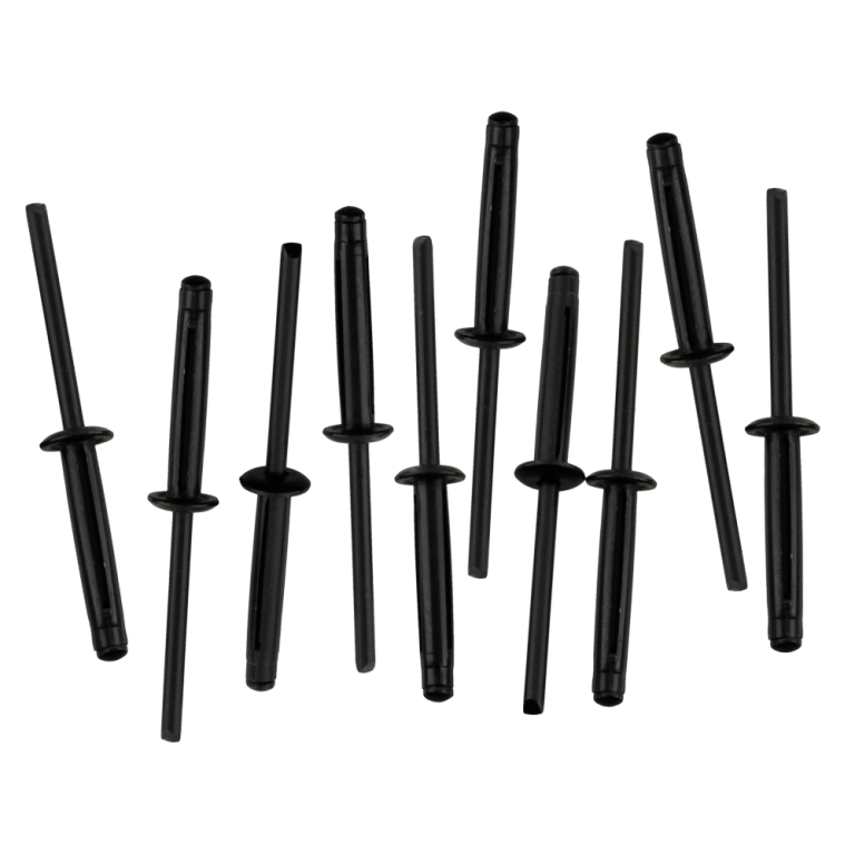 Zestaw 10 nitów montażowych Scotty No. 132 Extra Long Grip do kajaków, pokazujący nit klasyczny oraz rozprężony nit z systemem motylkowym (butterfly).