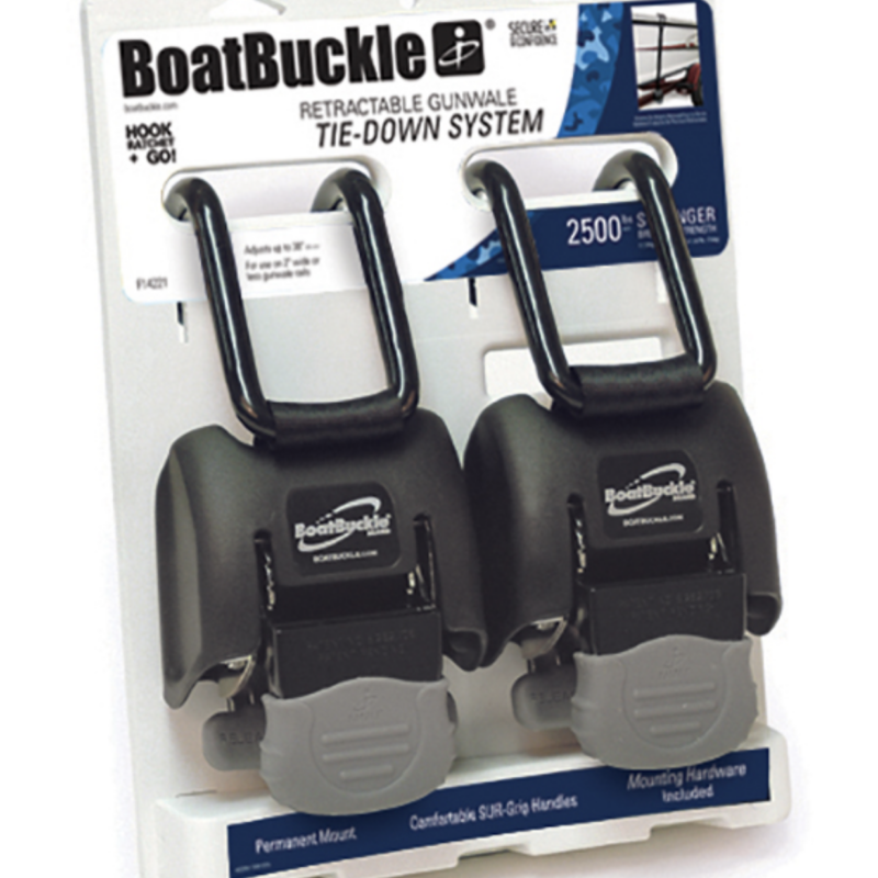 Dwa automatyczne pasy burtowe BoatBuckle G2 z winylowanymi hakami i czarną taśmą.