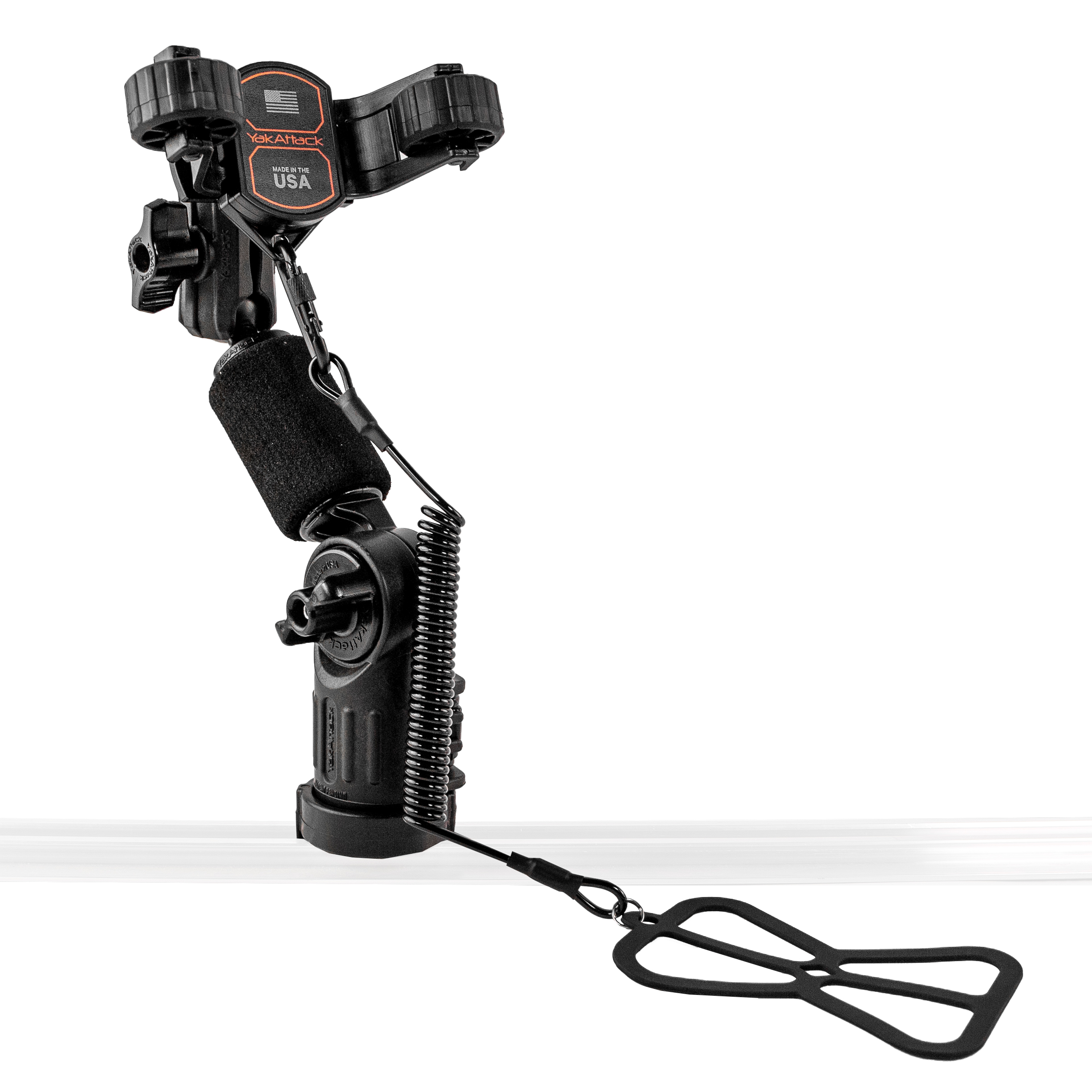 Uchwyt na telefon na kajak YakAttack RotoGrip Phone Holder Pro z systemem LockNLoad Kompletny uchwyt na telefon do kajaka YakAttack model 366 ze smyczą sprężynową, opaską silikonową i ramieniem z pianką