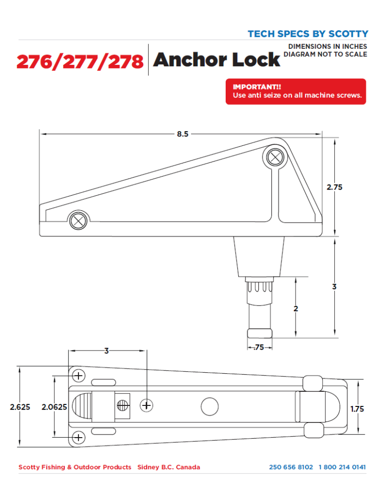 Schemat techniczny z wymiarami rolki kotwicznej Scotty Anchor Lock dla modeli 276, 277 i 278