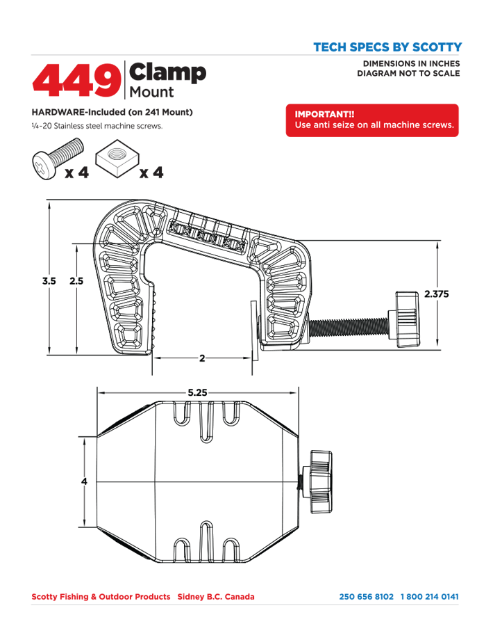 Scotty 449 Clamp Mount – rysunek techniczny przedstawiający wymiary uchwytu zaciskowego