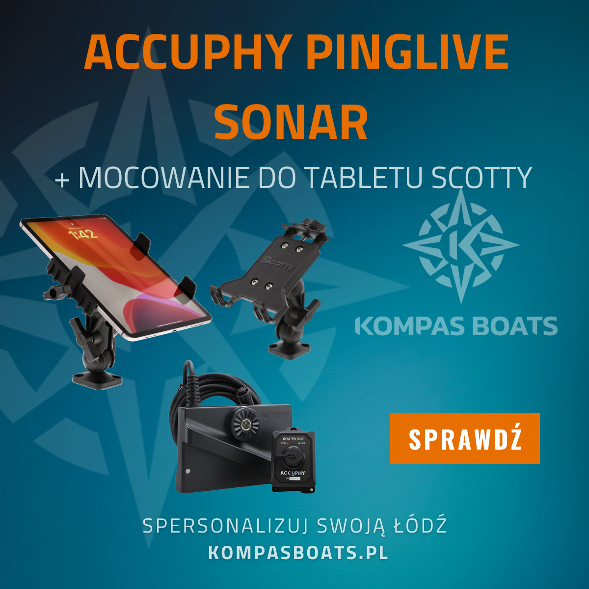 Zestaw do obrazowania na żywo: przetwornik Accuphy PingLive Sonar 135° oraz czarny uchwyt na tablet Scotty 149.