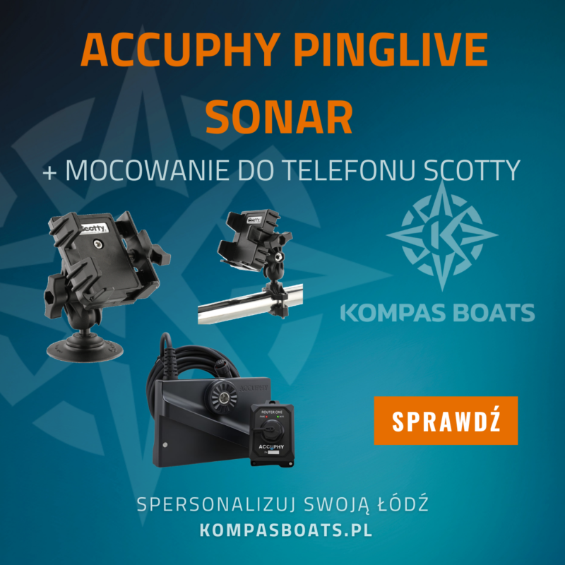 Kompletny zestaw wędkarski: bezprzewodowy przetwornik Accuphy PingLive Sonar 135° i czarny uchwyt na telefon Scotty 139.