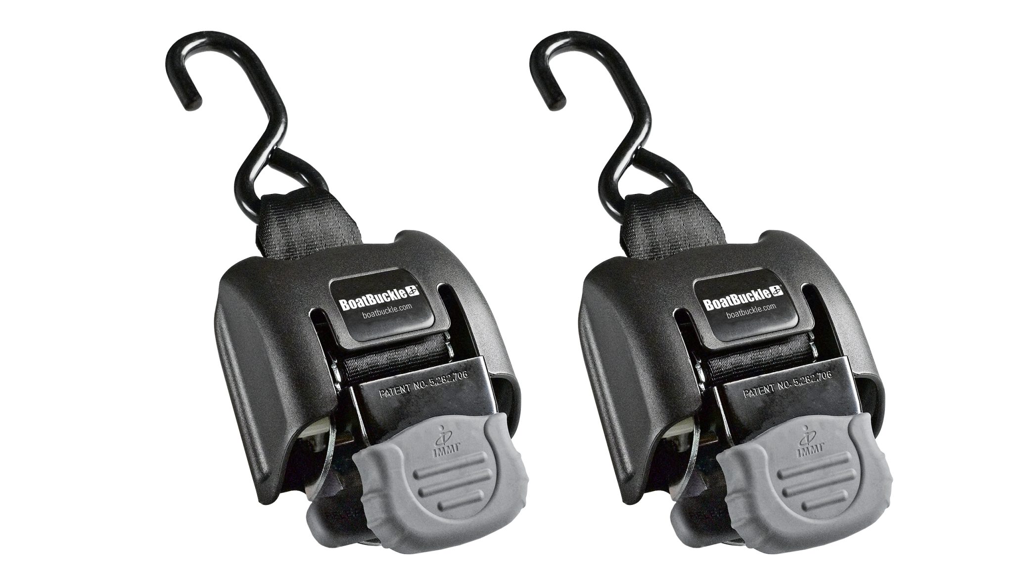 Zestaw dwóch nierdzewnych pasów transportowych do łodzi BoatBuckle SS Retractable Transom Tie-Down na białym tle.